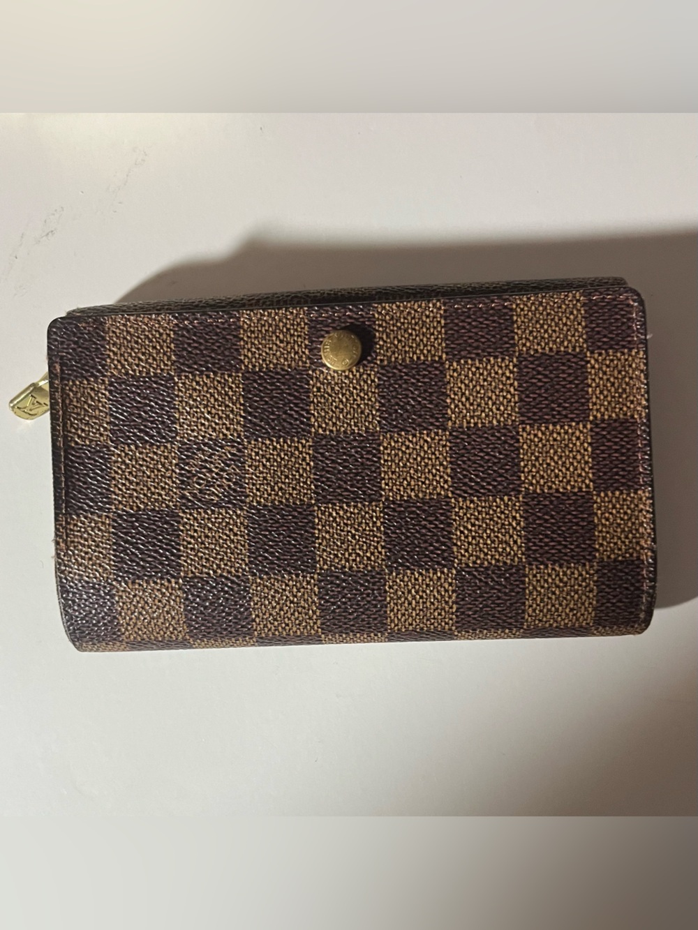 Louis Vuitton Brown Checkered leather wallet with Gold-Tone Snap and zipper